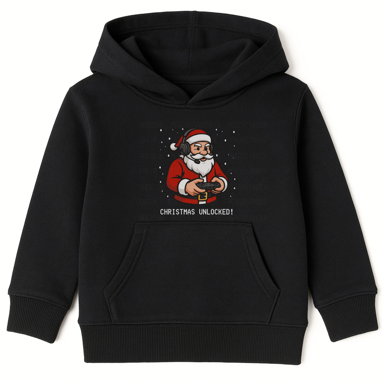 kids black pullover hoodie with gaming Santa design and "Christmas Unlocked!" text, festive background.