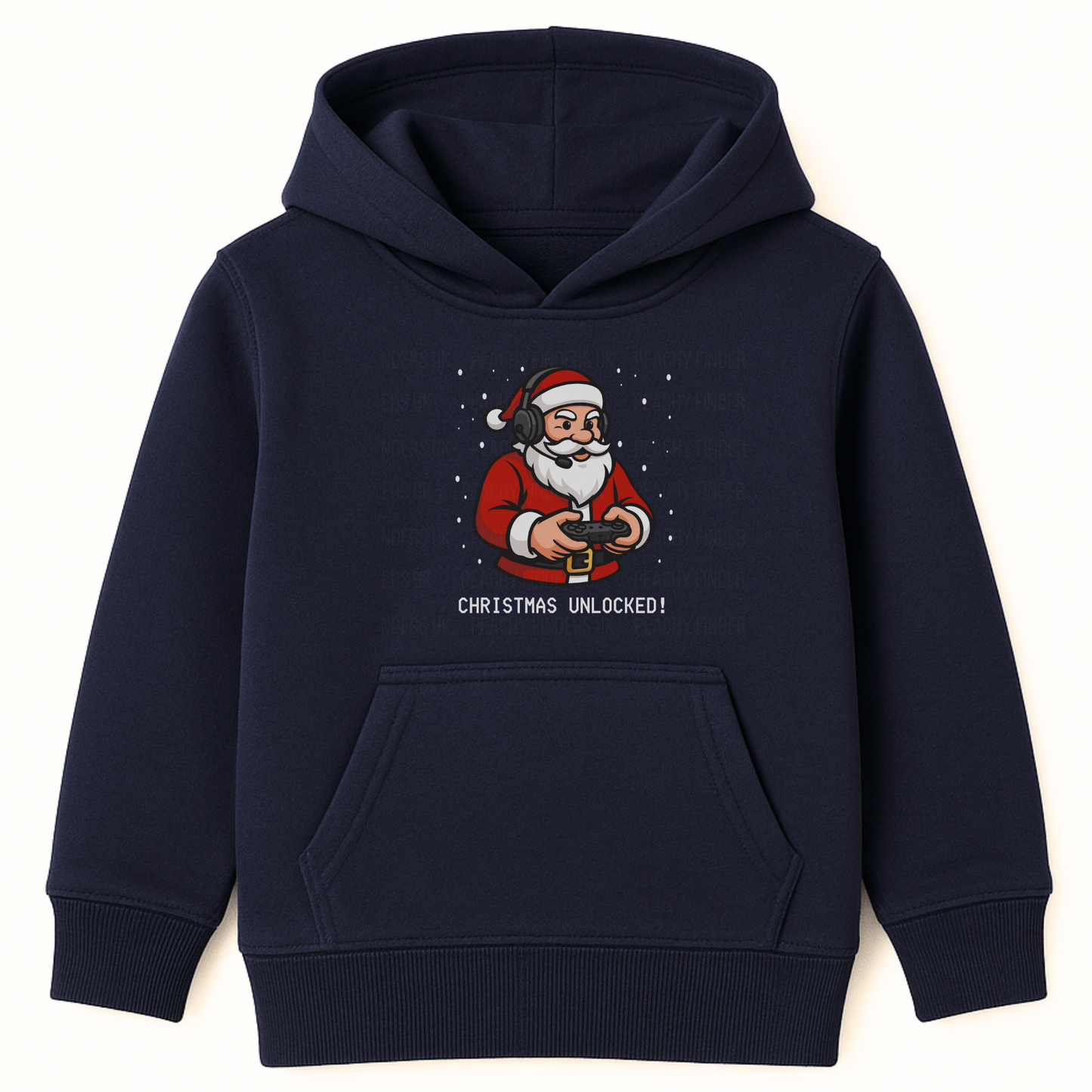 kids navy pullover hoodie with gaming Santa design and "Christmas Unlocked!" text, festive background.