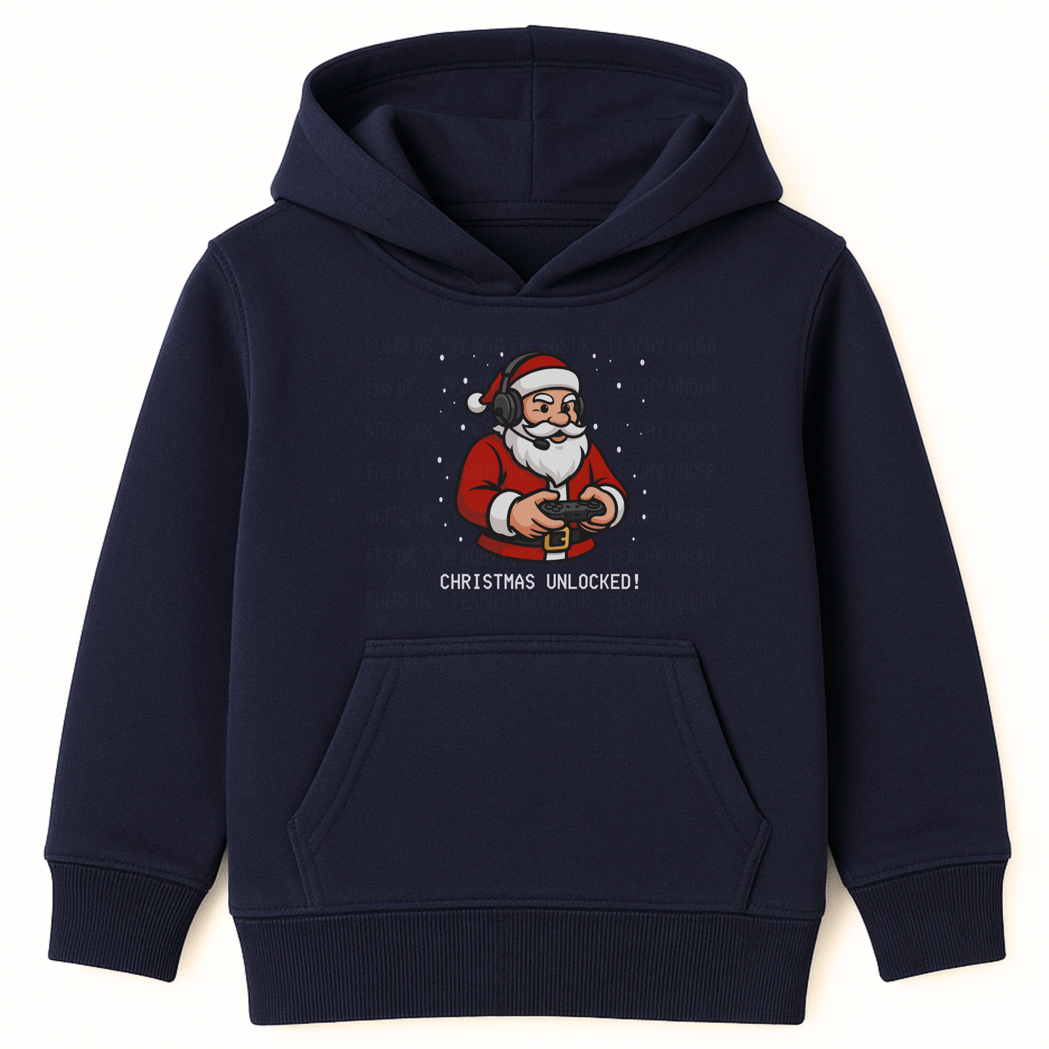 kids navy pullover hoodie with gaming Santa design and "Christmas Unlocked!" text, festive background.