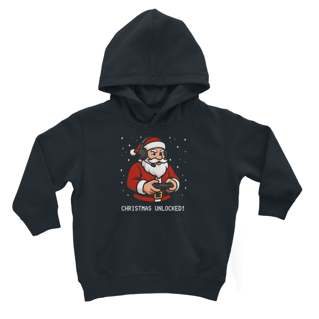 kids navy pullover hoodie with gaming Santa design and "Christmas Unlocked!" text, falling snow background.