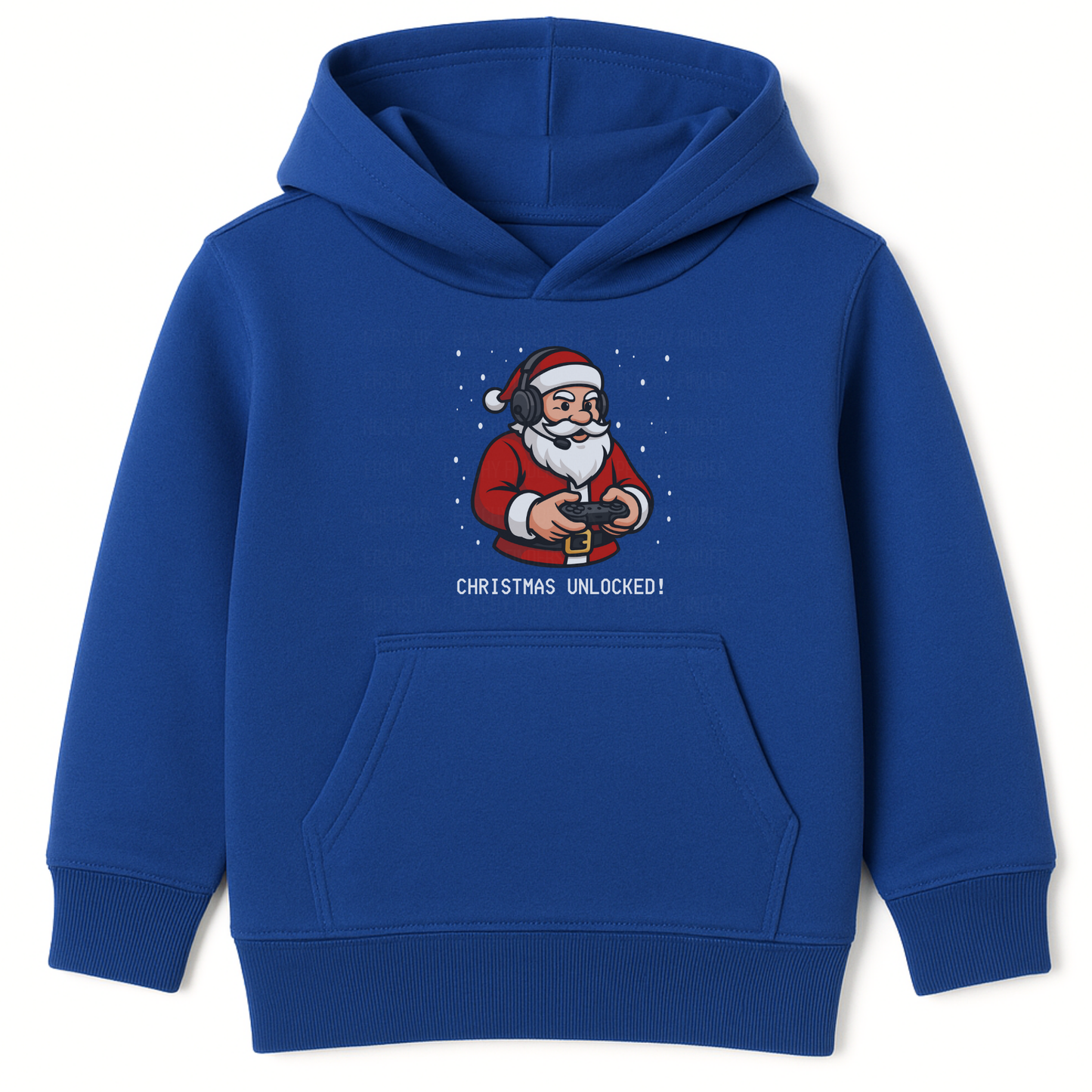 kids blue pullover hoodie with gaming Santa design and "Christmas Unlocked!" text, festive background.