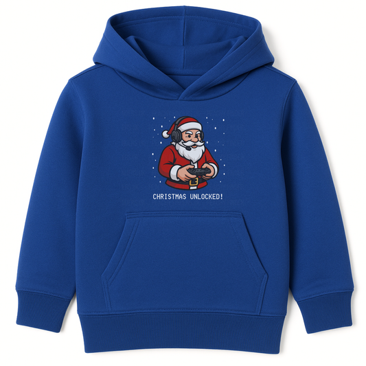 kids blue pullover hoodie with gaming Santa design and "Christmas Unlocked!" text, festive background.