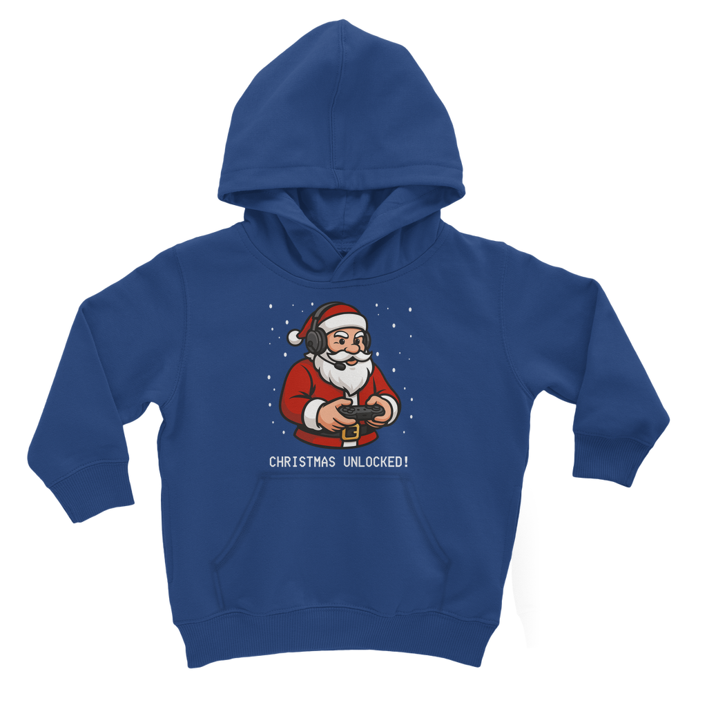 kids blue pullover hoodie with gaming Santa design and "Christmas Unlocked!" text, festive background.