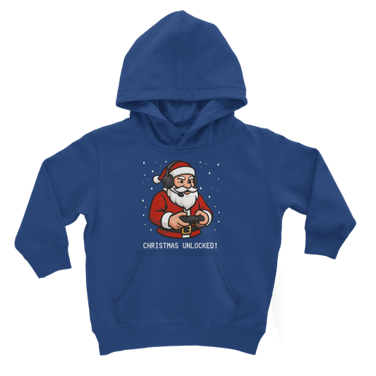 kids blue pullover hoodie with gaming Santa design and "Christmas Unlocked!" text, festive background.