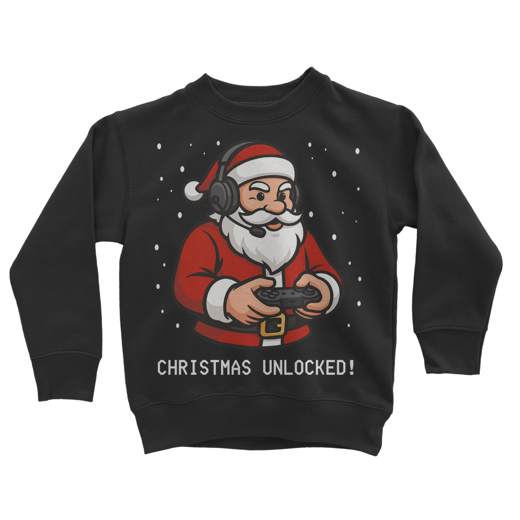 Kids black Christmas sweatshirt with a cartoon Santa holding a gaming controller and the slogan "Christmas Unlocked!" – perfect for kids who love video games