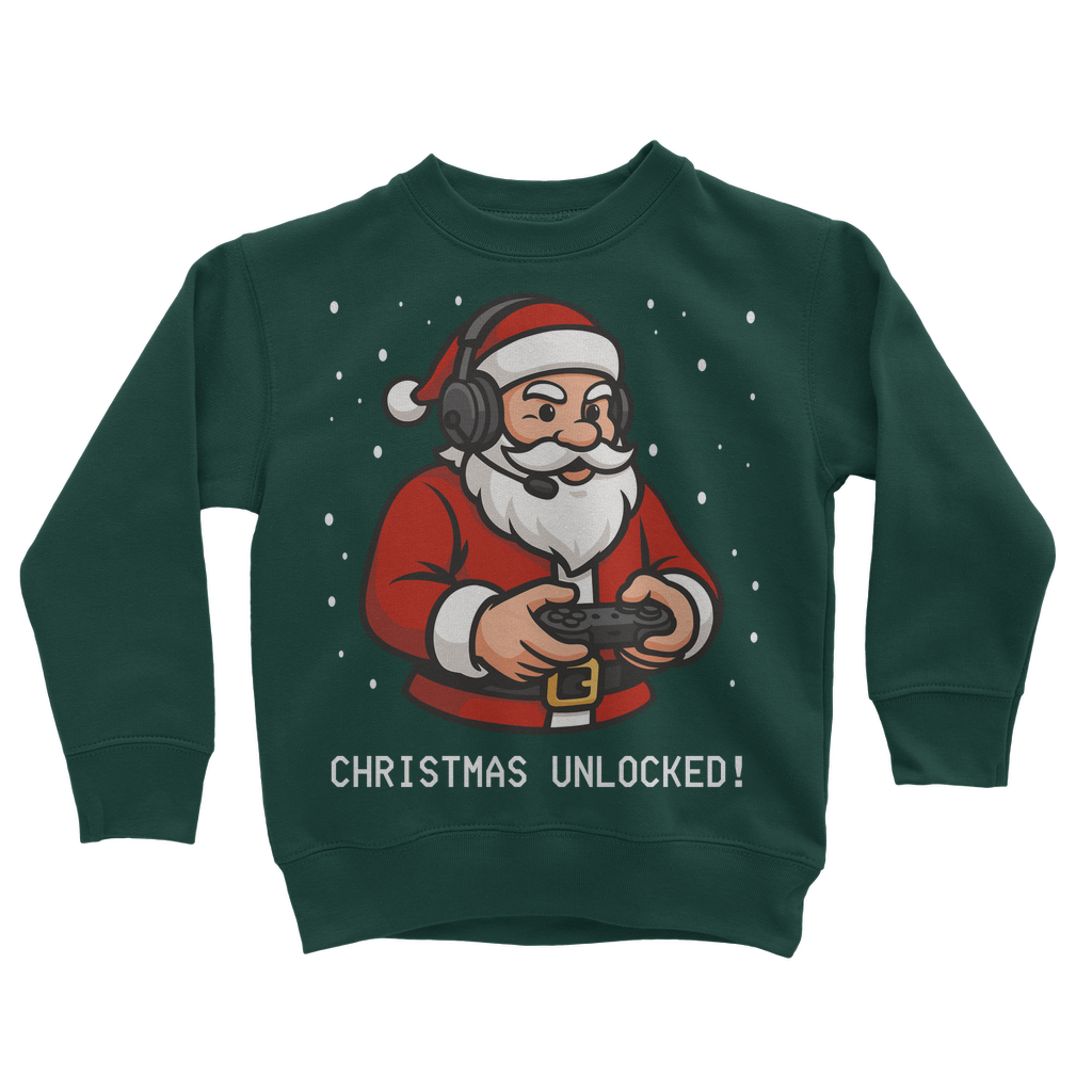 Kids dark green Christmas sweatshirt with a cartoon Santa holding a gaming controller and the slogan "Christmas Unlocked!" – perfect for kids who love video games