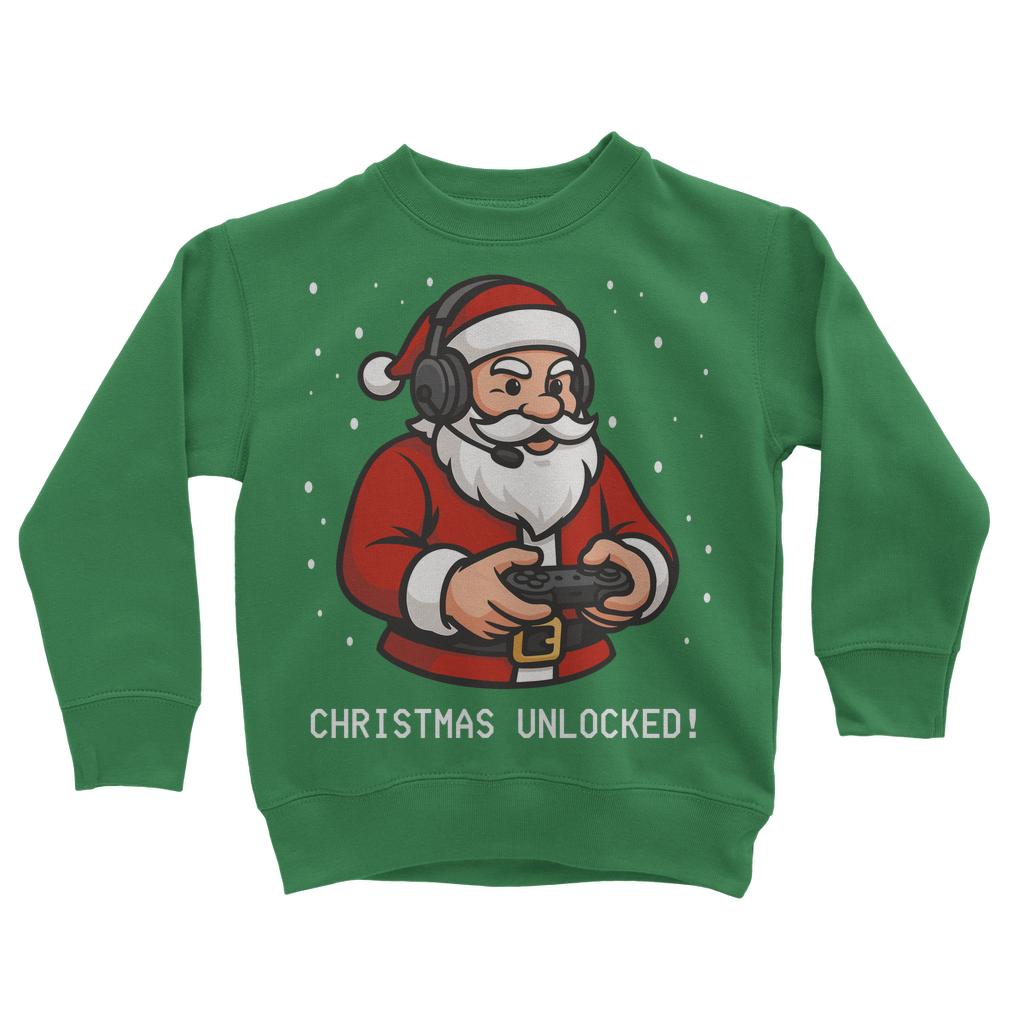 Kids green Christmas sweatshirt with a cartoon Santa holding a gaming controller and the slogan "Christmas Unlocked!" – perfect for kids who love video games