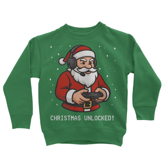 Kids green Christmas sweatshirt with a cartoon Santa holding a gaming controller and the slogan "Christmas Unlocked!" – perfect for kids who love video games