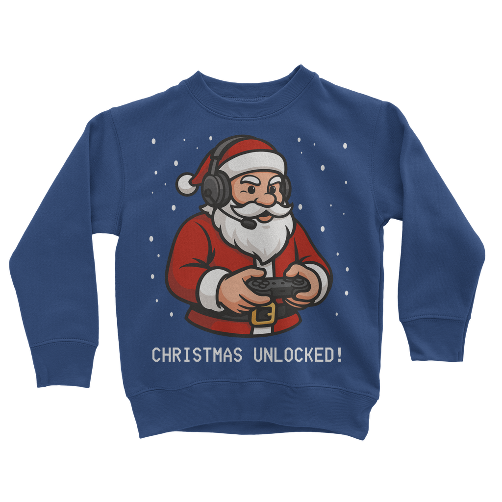 Kids royal blue Christmas sweatshirt with a cartoon Santa holding a gaming controller and the slogan "Christmas Unlocked!" – perfect for kids who love video games