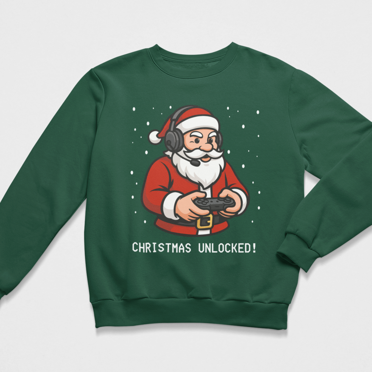 Dark green kids Christmas Unlocked jumper featuring gaming Santa with a headset and controller.