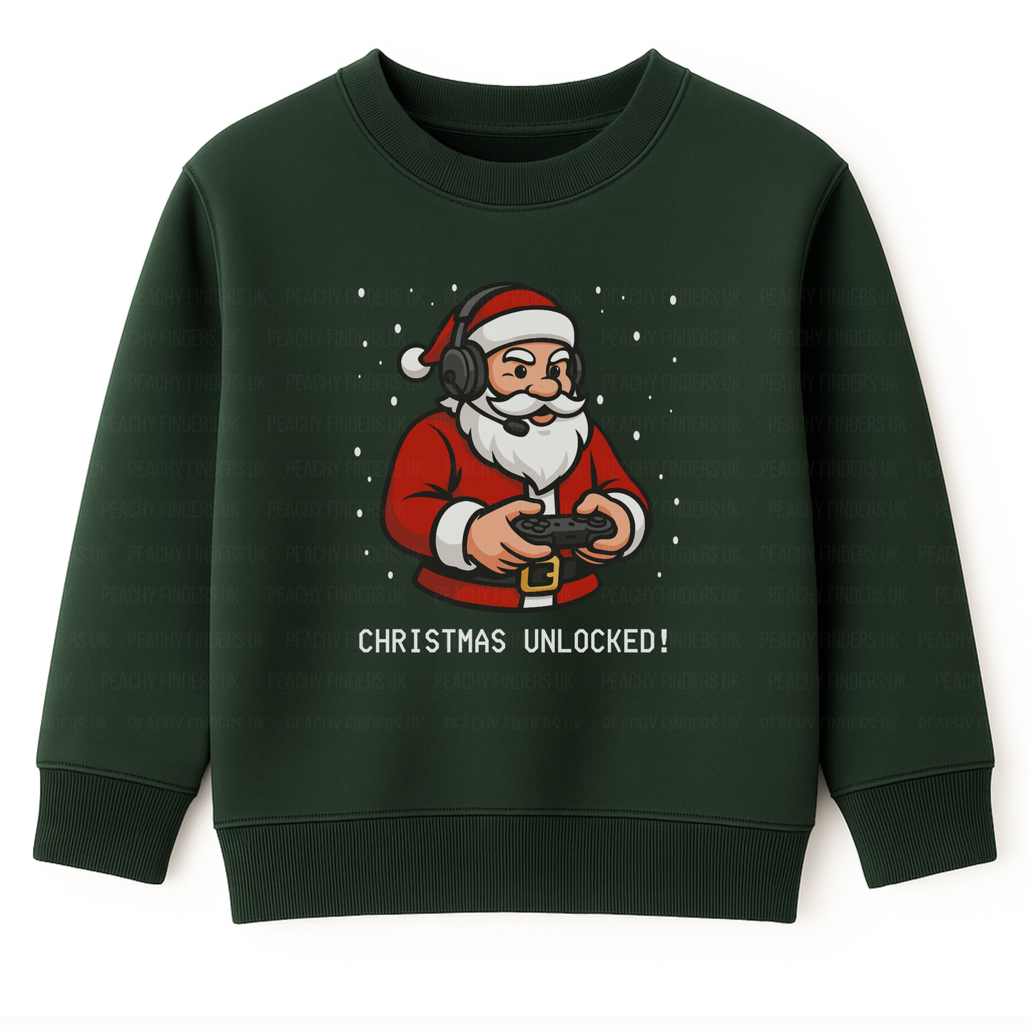 Kids dark green Christmas sweatshirt with a cartoon Santa holding a gaming controller and the slogan "Christmas Unlocked!" – perfect for kids who love video games