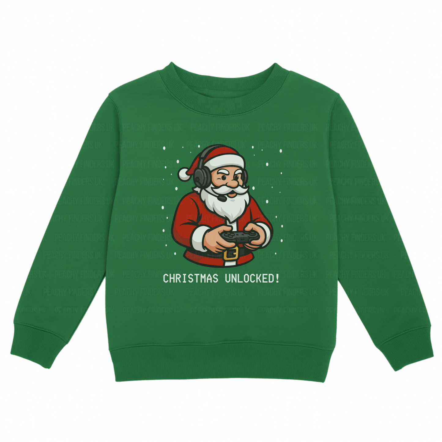 Kids green Christmas sweatshirt with a cartoon Santa holding a gaming controller and the slogan "Christmas Unlocked!" – perfect for kids who love video games
