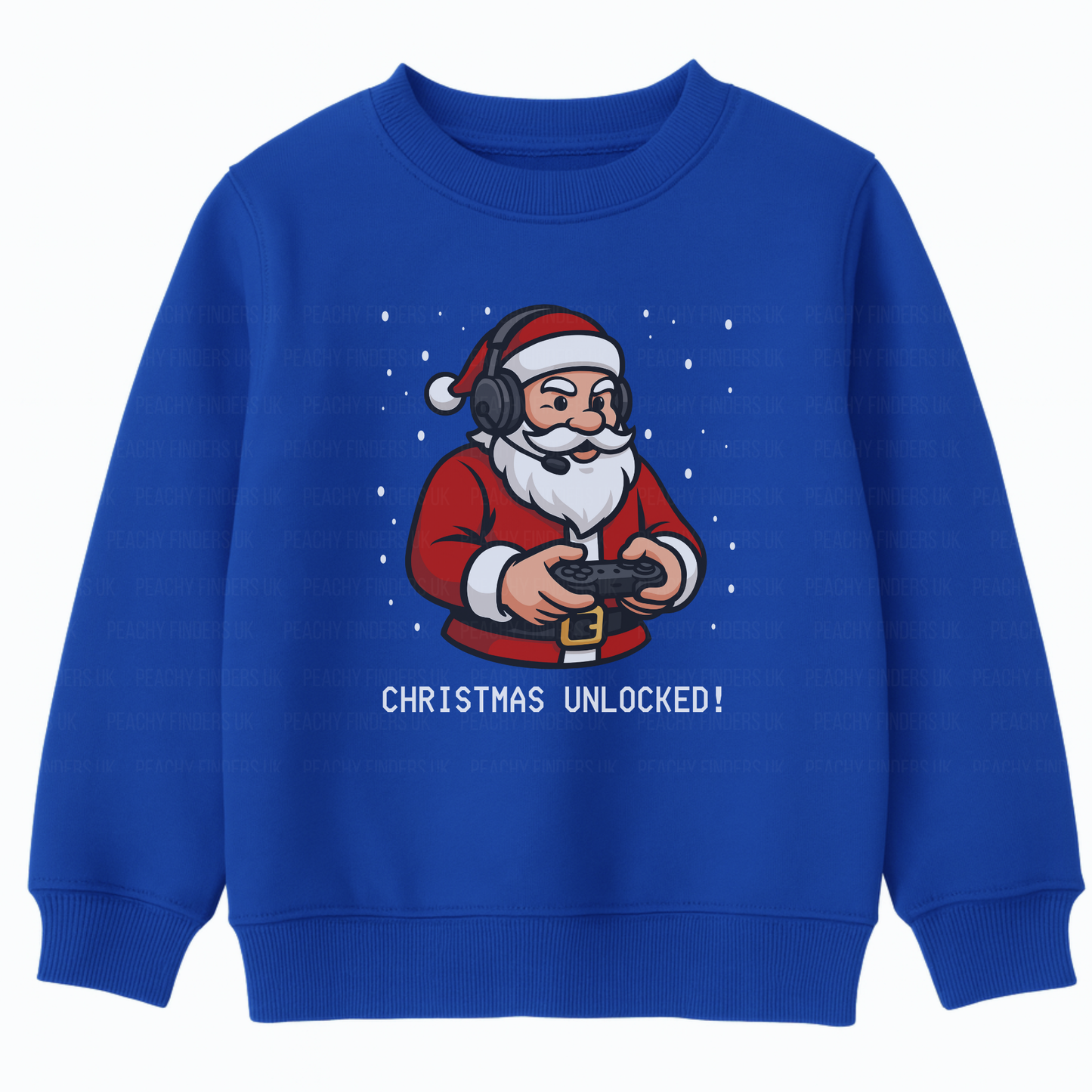 Kids royal blue Christmas sweatshirt with a cartoon Santa holding a gaming controller and the slogan "Christmas Unlocked!" – perfect for kids who love video games