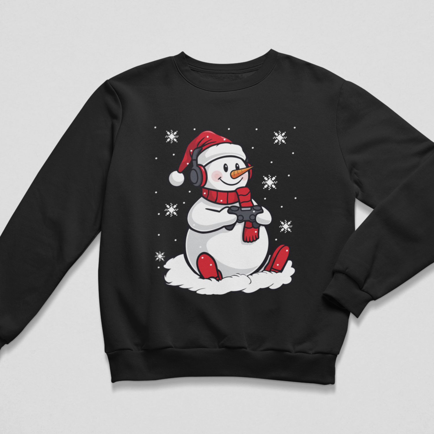 Kids jet-black Christmas jumper featuring a gaming snowman wearing headphones and holding a controller.