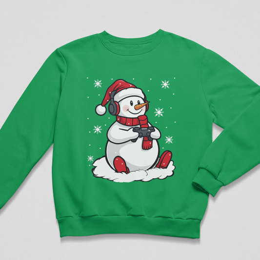 Kids kelly-green Christmas jumper featuring a gaming snowman wearing headphones and holding a controller.