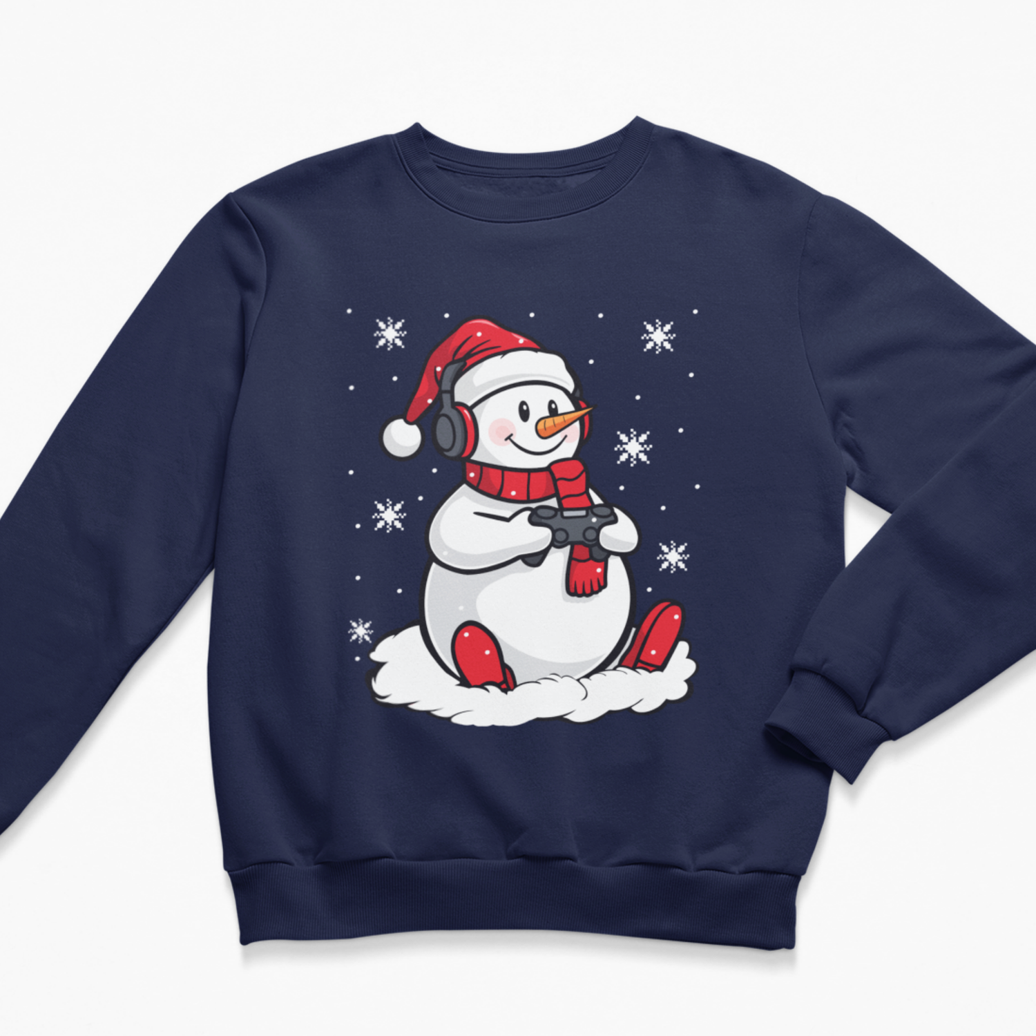 Kids navy Christmas jumper featuring a gaming snowman wearing headphones and holding a controller.