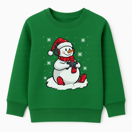 Kids green Gaming Snowman Christmas sweatshirt featuring a snowman with headphones, red Santa hat, scarf, and game controller, surrounded by snowflakes.