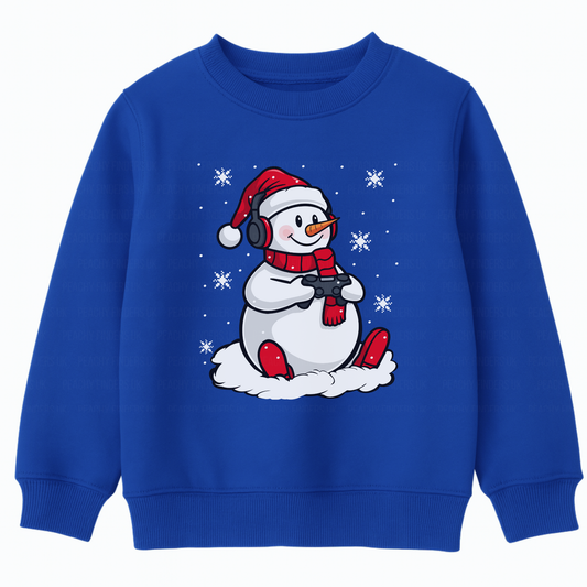 Kids royal blue Gaming Snowman Christmas sweatshirt featuring a snowman with headphones, red Santa hat, scarf, and game controller, surrounded by snowflakes.