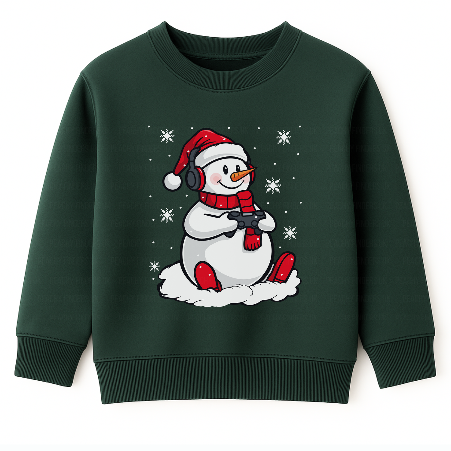 Kids dark green Gaming Snowman Christmas sweatshirt featuring a snowman with headphones, red Santa hat, scarf, and game controller, surrounded by snowflakes.
