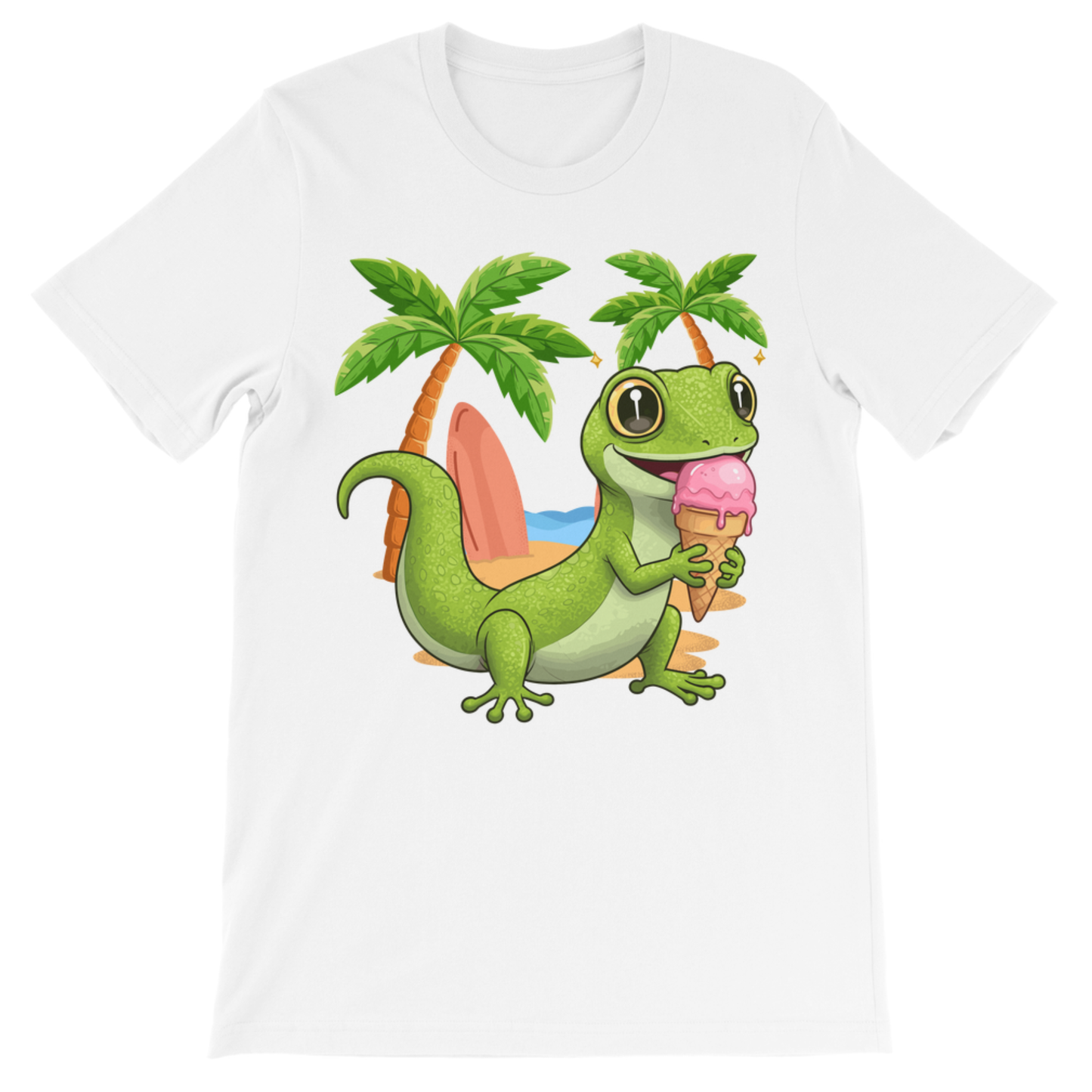 Kids gecko beach t-shirt flat lay, cute reptile ice cream summer design for boys and girls