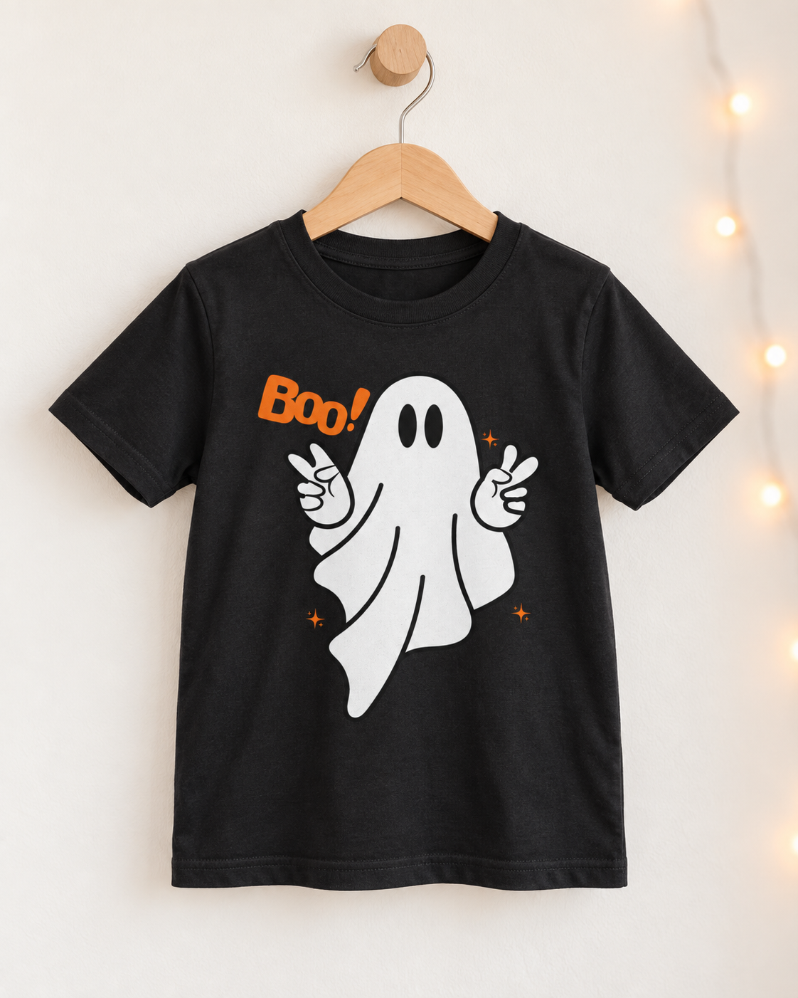 Kids’ black Halloween T-shirt on a wooden hanger, featuring a white peace-sign ghost with orange “Boo!” wording and stars.
