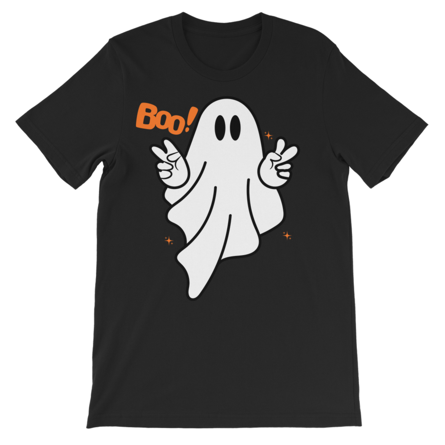 Kids’ black Halloween T-shirt featuring a white peace-sign ghost with orange “Boo!” lettering and stars.