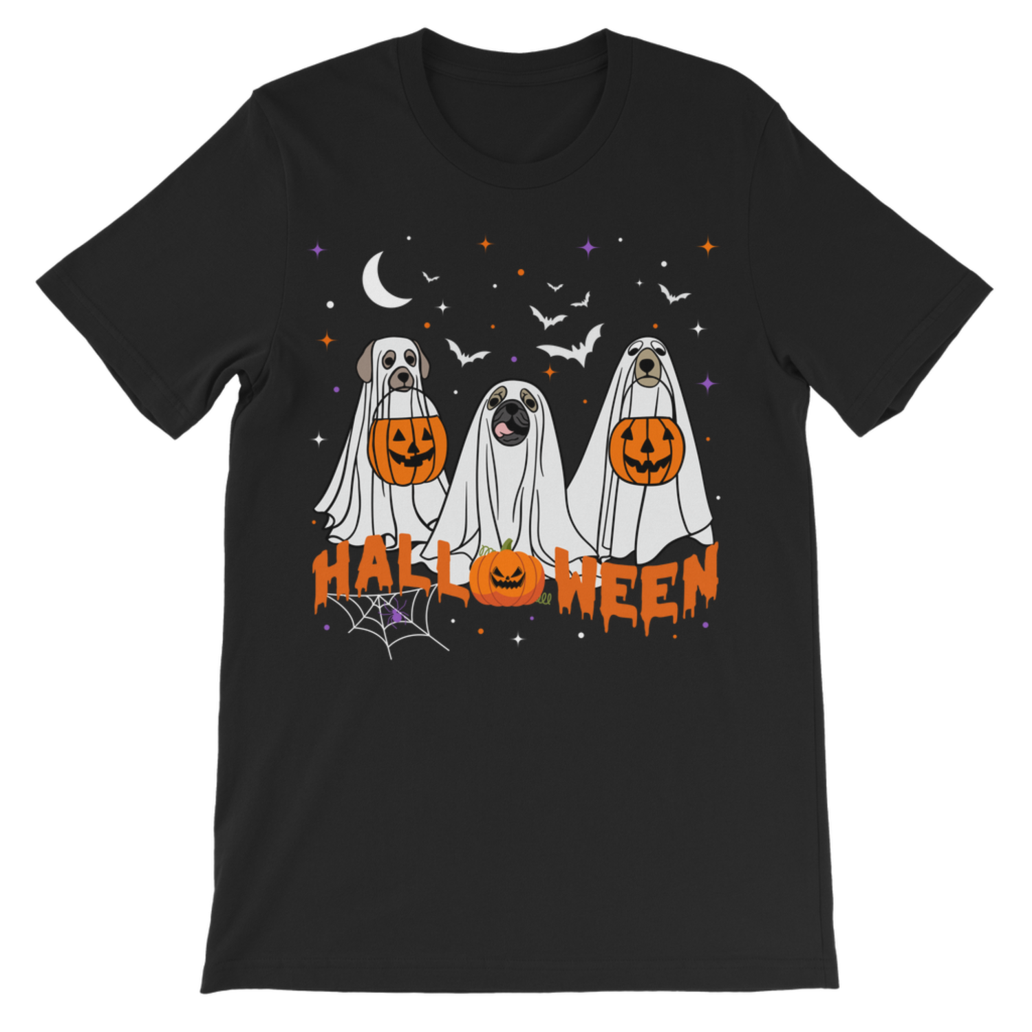 Kids’ black Halloween T-shirt featuring three dogs in ghost costumes, pumpkin treat buckets, bats, a crescent moon and orange “Halloween” lettering.