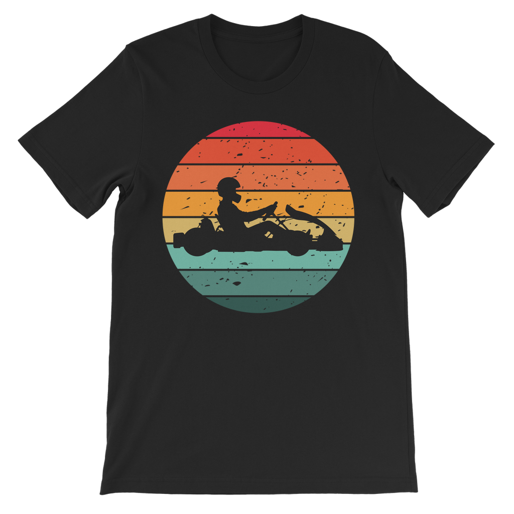 Kids black cotton t-shirt featuring a go-kart with retro sunset background.