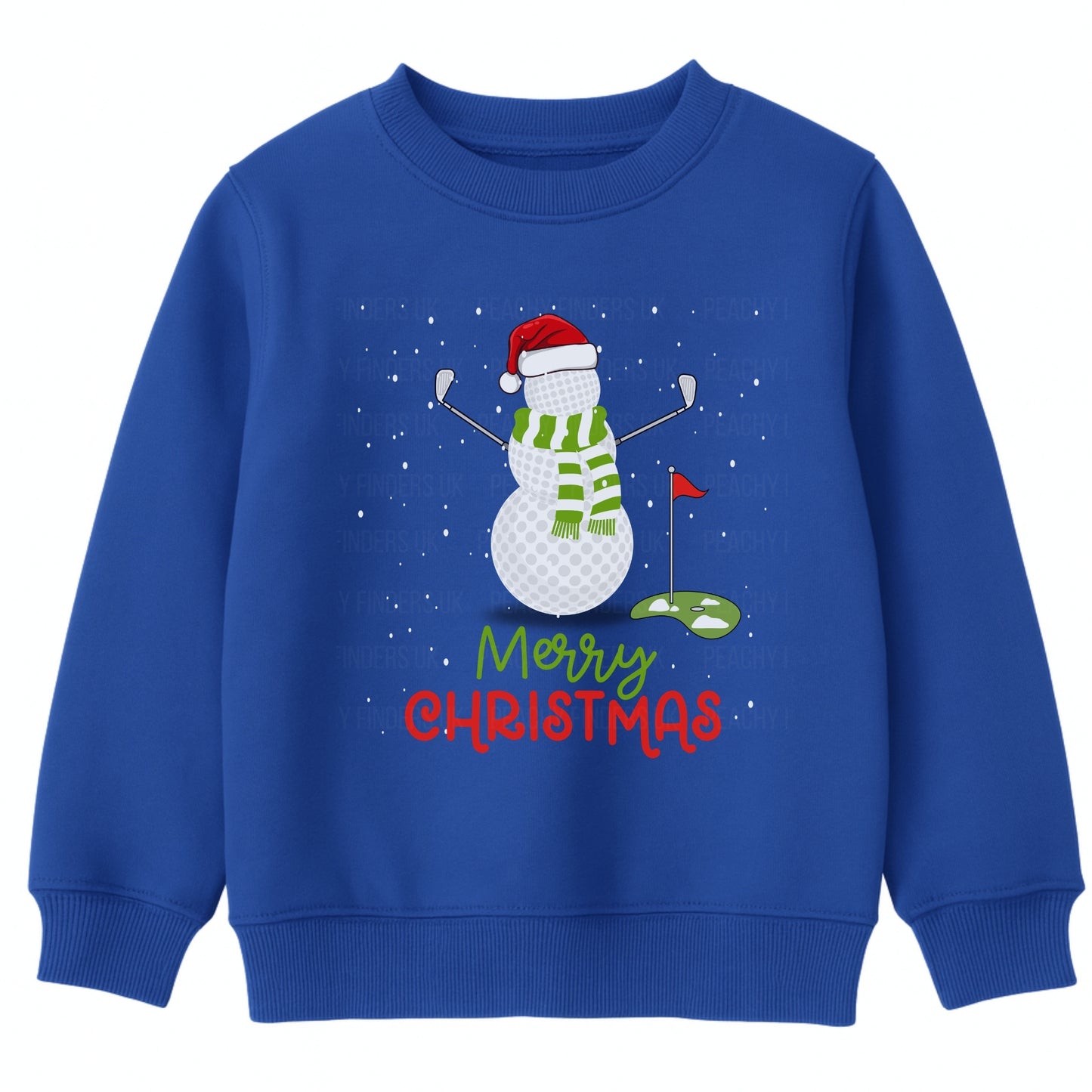 Flat lay kids Christmas jumper in royal blue with golf snowman design and Merry Christmas print