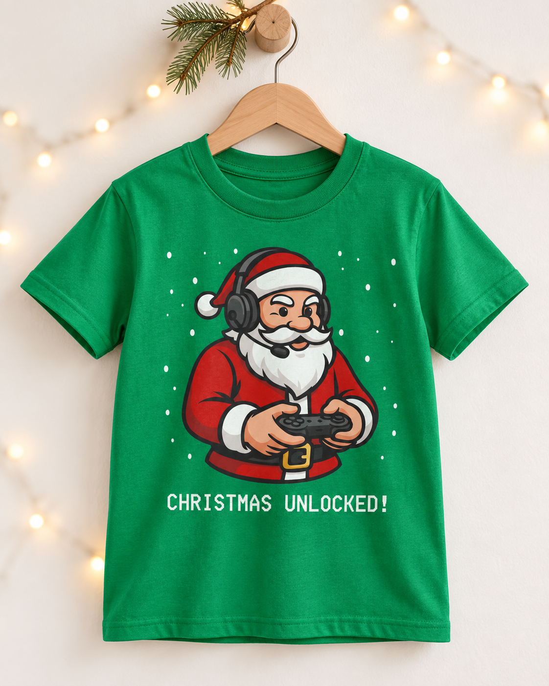 A kids green short-sleeve t-shirt hanging on a wooden hanger. The shirt features a cartoon graphic of Santa Claus wearing a video game headset and holding a controller, with the text 'CHRISTMAS UNLOCKED!' printed below.