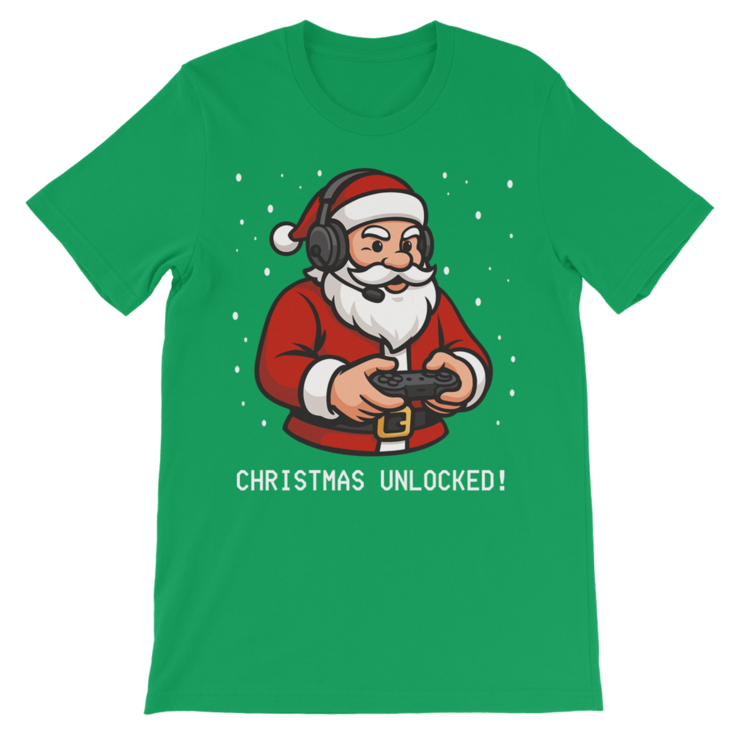 Kids green short-sleeve crewneck t-shirt featuring a cartoon graphic of Santa Claus wearing gaming headphones and holding a game controller, with the text 'CHRISTMAS UNLOCKED!' printed below.