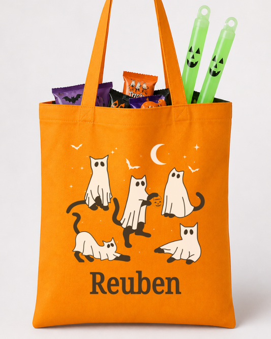 Personalised Kids Halloween Tote Bag - 'Ghost Cats' Trick or Treat Bag