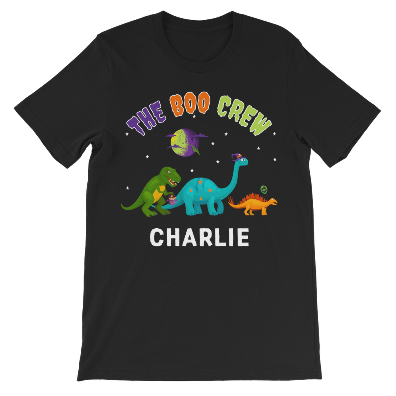 A kids black short-sleeve crewneck t-shirt featuring a colourful graphic of cartoon dinosaurs under the text 'THE BOO CREW' and above the name 'CHARLIE' in white, displayed on a clean white background.