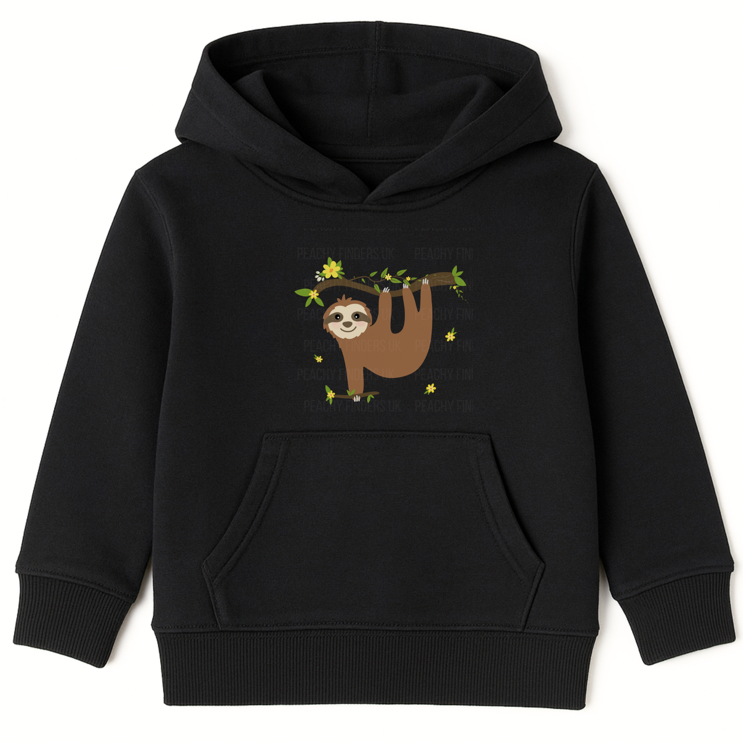 Kids black pullover hoodie with cute sloth hanging from branch graphic and front pouch pocket.