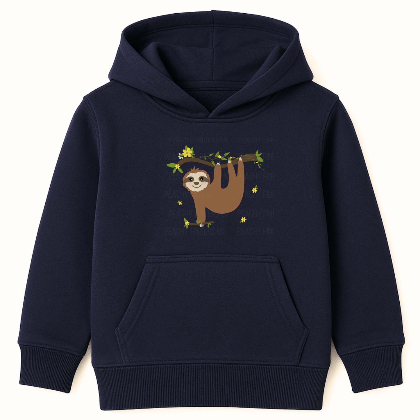 Kids navy pullover hoodie with smiling sloth flower design, long sleeves and kangaroo pocket.
