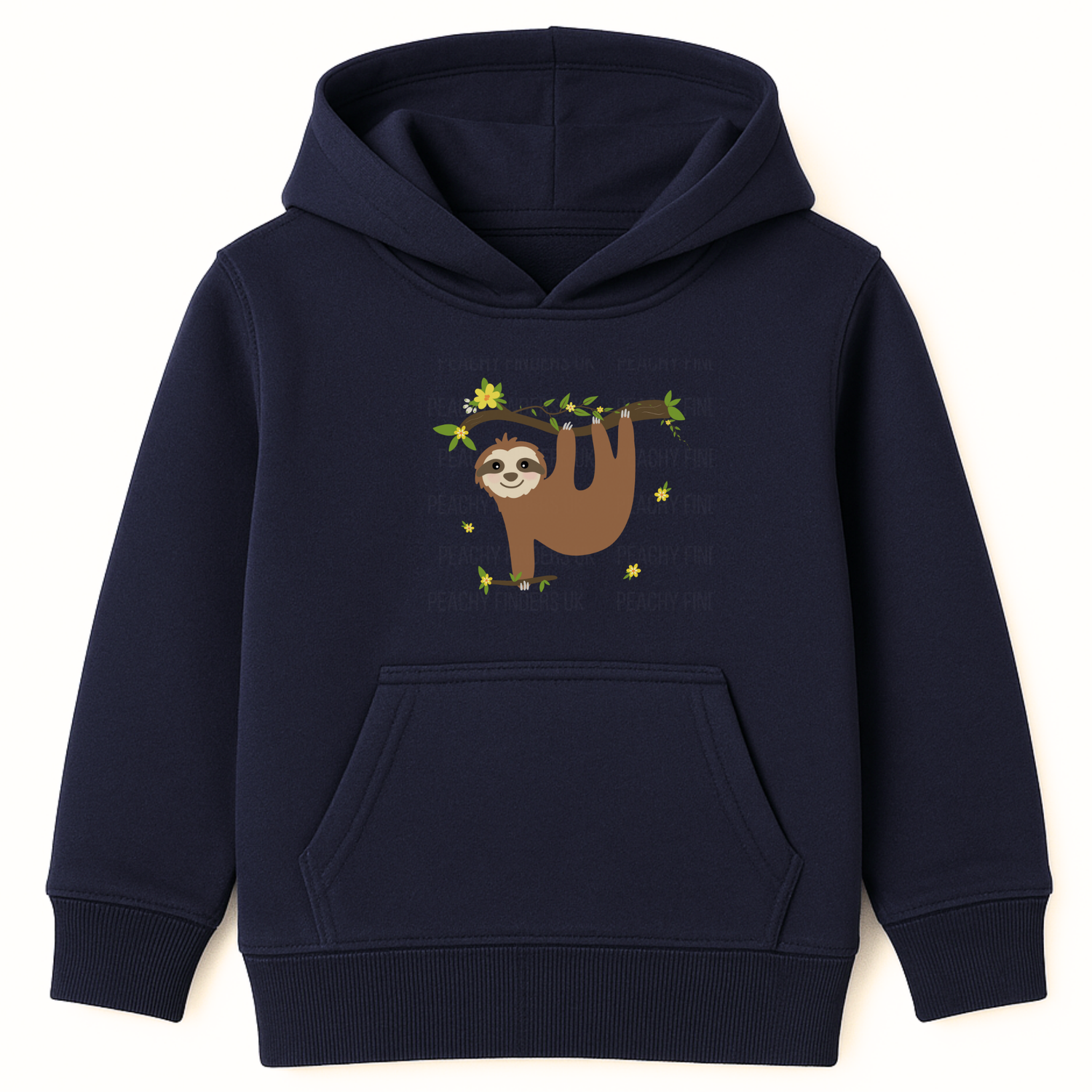 Kids navy pullover hoodie with smiling sloth flower design, long sleeves and kangaroo pocket.