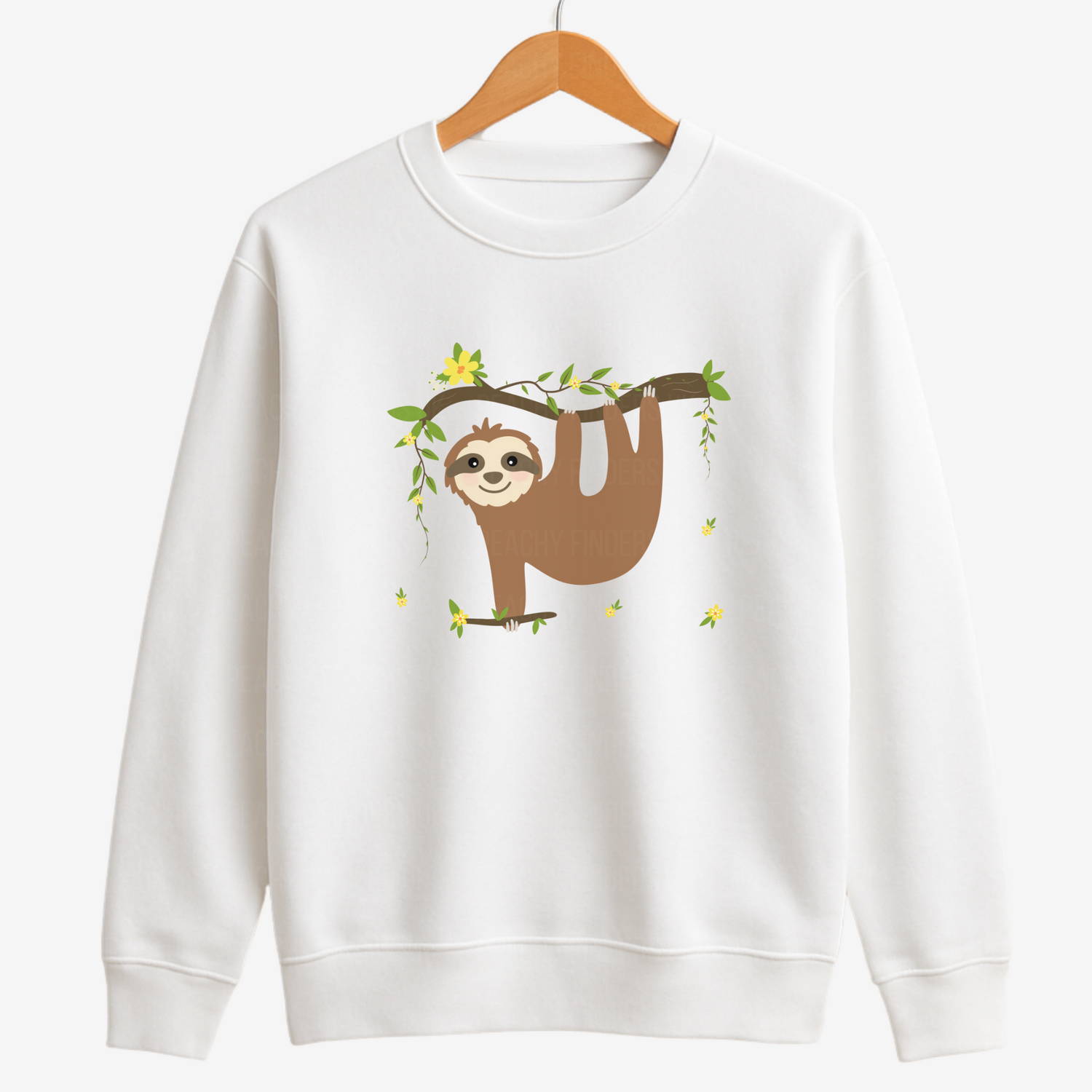 White sweatshirt featuring a cute sloth hanging from a leafy branch with yellow flowers, designed for girls aged 3 to 13.