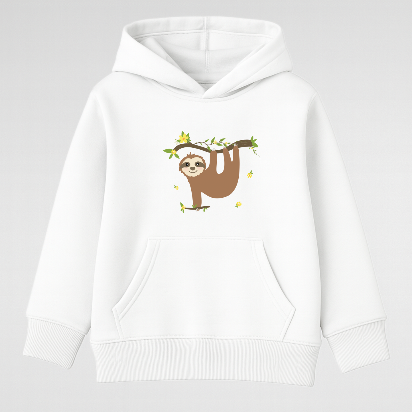 Kids white hoodie featuring cute sloth animal print with flowers and cosy front pocket.