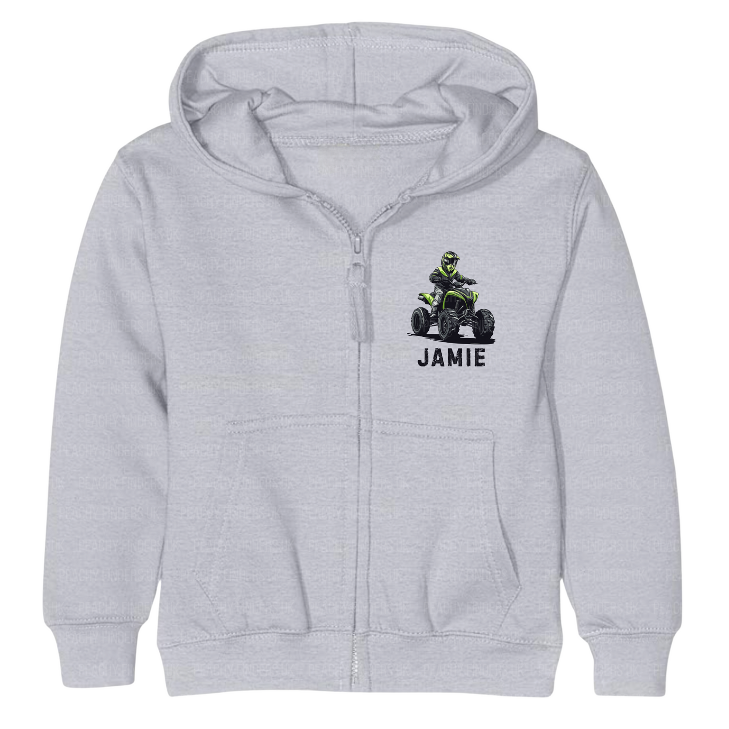 Kids heather grey zip hoodie with a graphic of a person on a quad bike and the custom name underneath to left side of chest
