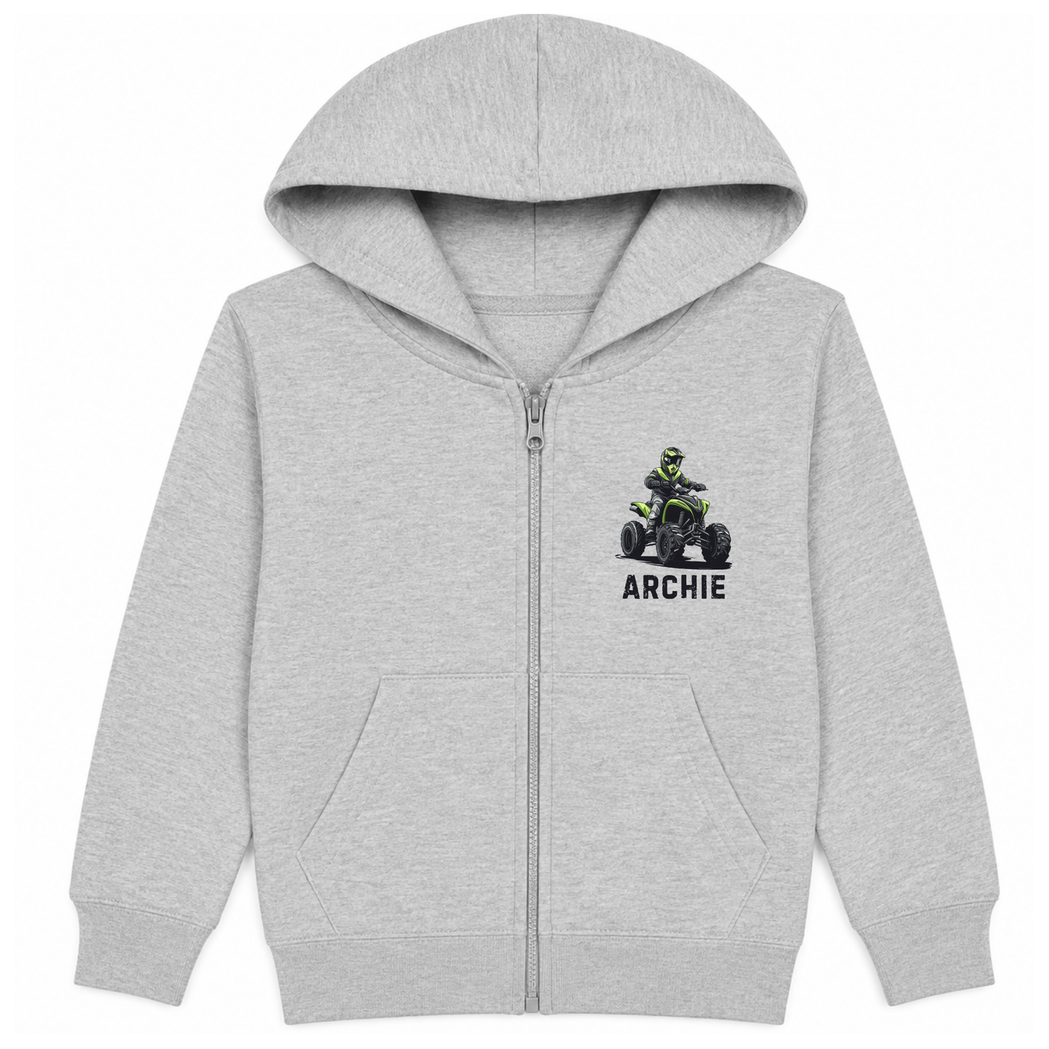 Kids Heather Grey zip-up hoodie with a graphic of a character on an ATV and the name 'Archie' printed on left hand side chest.