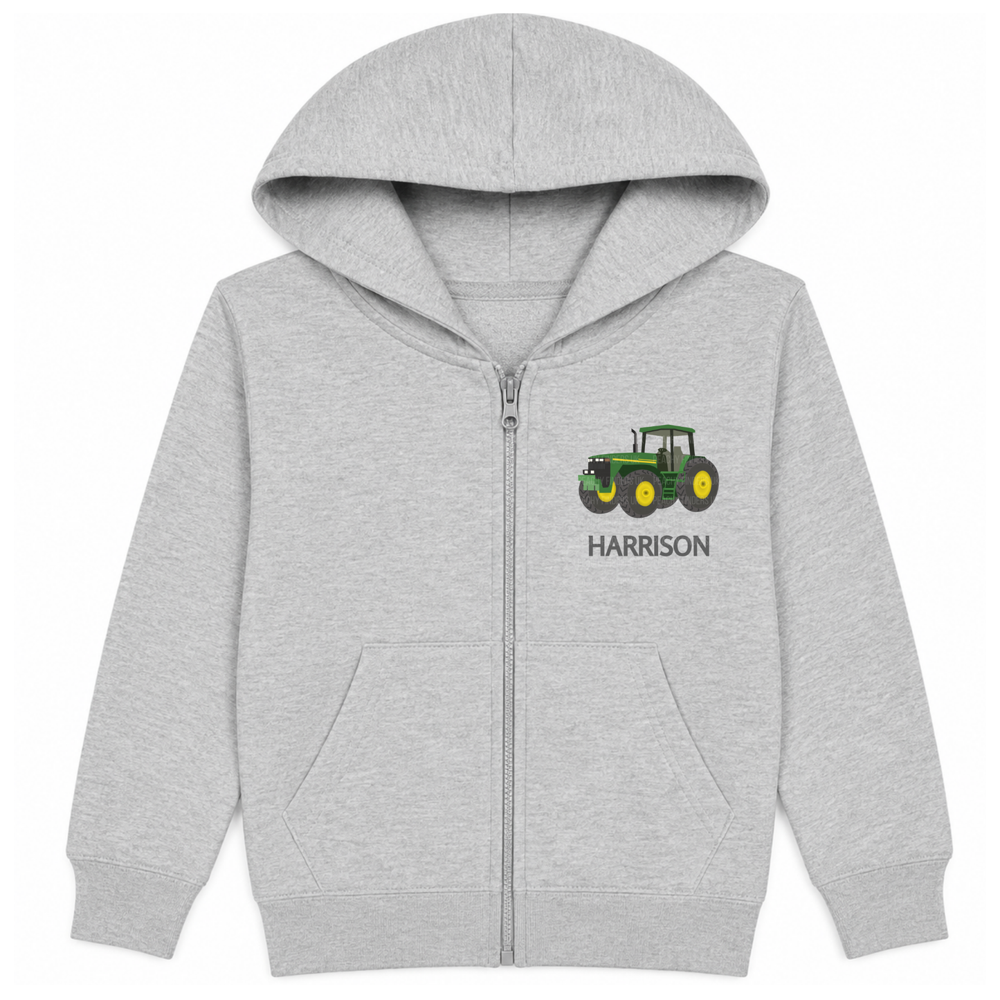 kids light grey zip hoodie featuring a green and yellow tractor and custom name printed on left hand side of chest