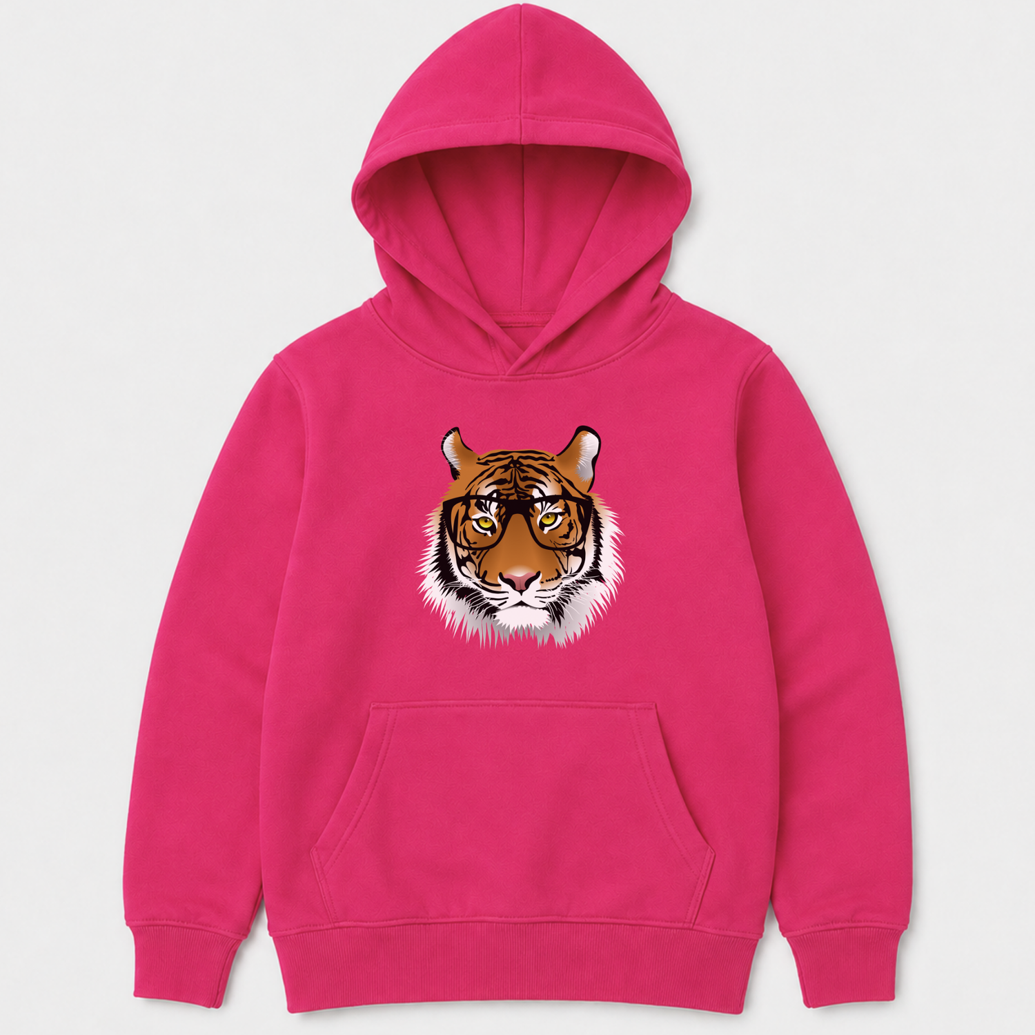 A kids hot pink pullover hoodie with a graphic print of a tiger's face wearing round glasses on the chest, displayed against a light grey background.