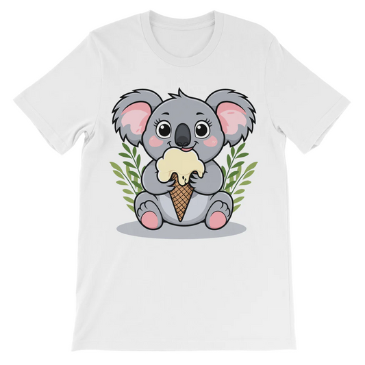 A white graphic t-shirt with a cartoon koala holding an ice cream cone, surrounded by foliage.