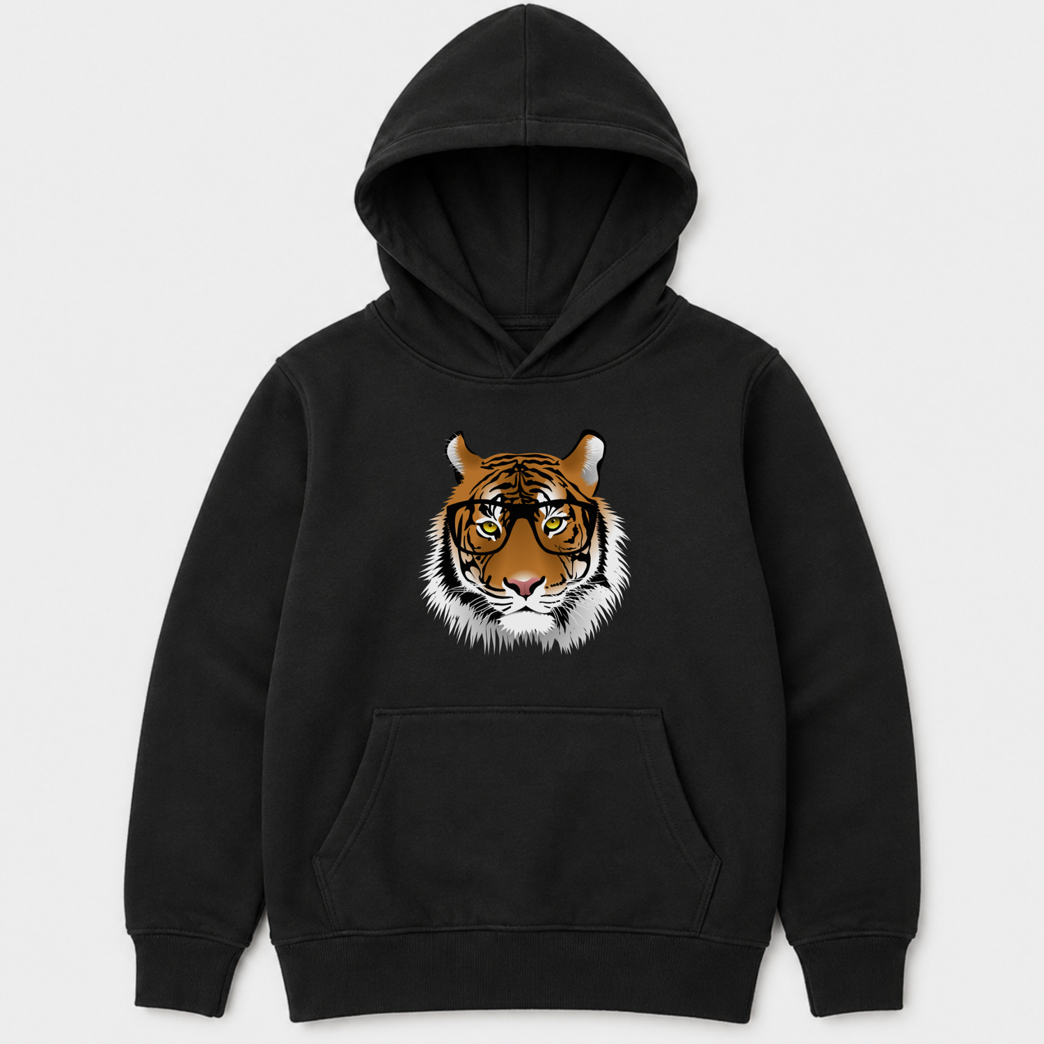 A kids black pullover hoodie featuring a graphic print of a tiger's face wearing round glasses on the chest, displayed against a light grey background.