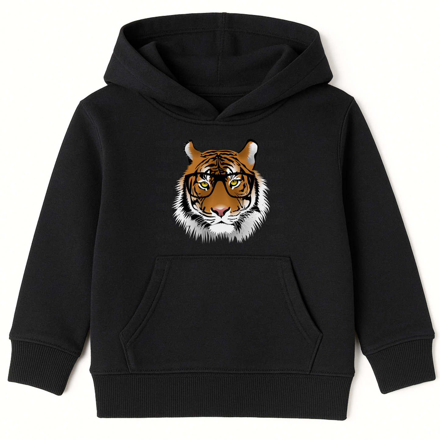 Kids black hoodie with intelligent tiger face wearing glasses graphic on the front.