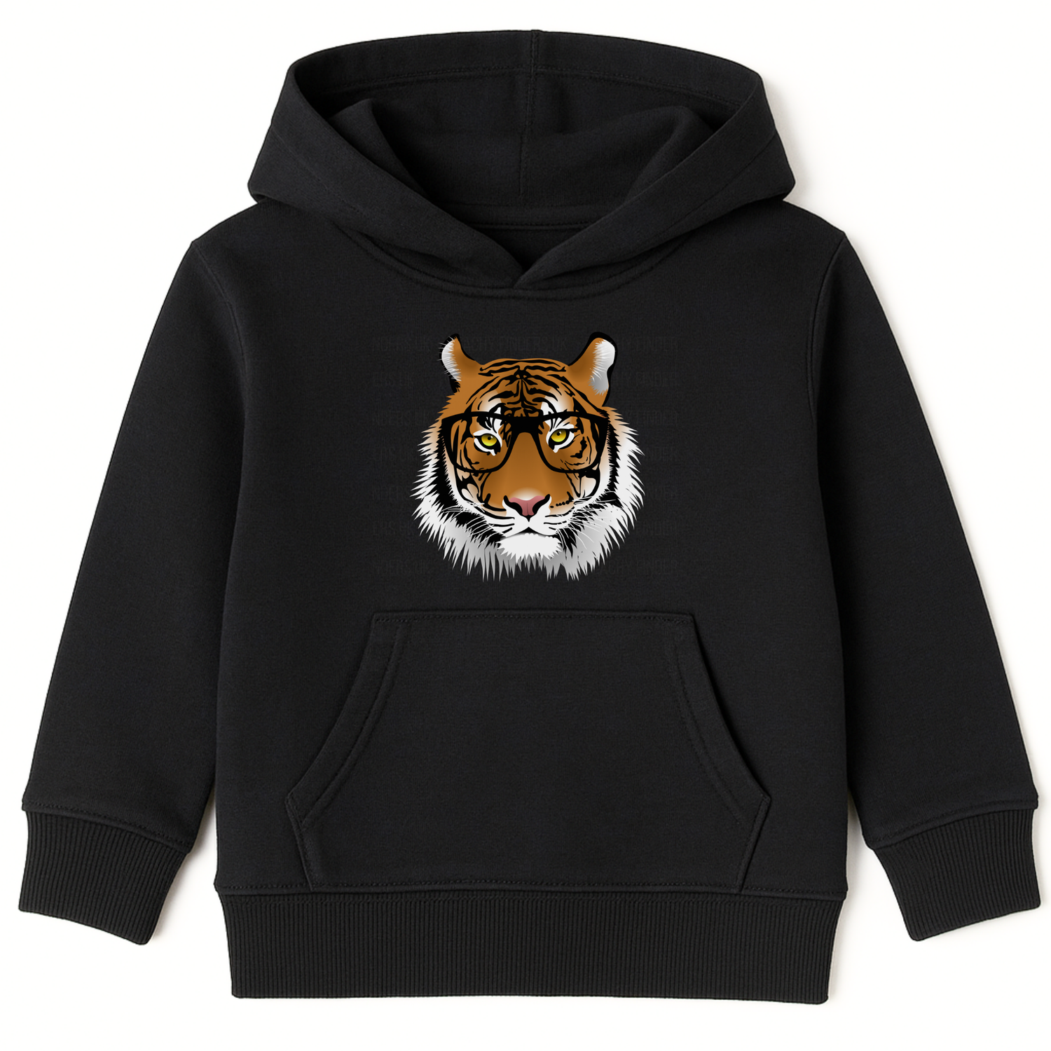 Kids black hoodie with intelligent tiger face wearing glasses graphic on the front.