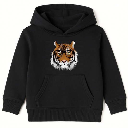 Kids black hoodie with intelligent tiger face wearing glasses graphic on the front.