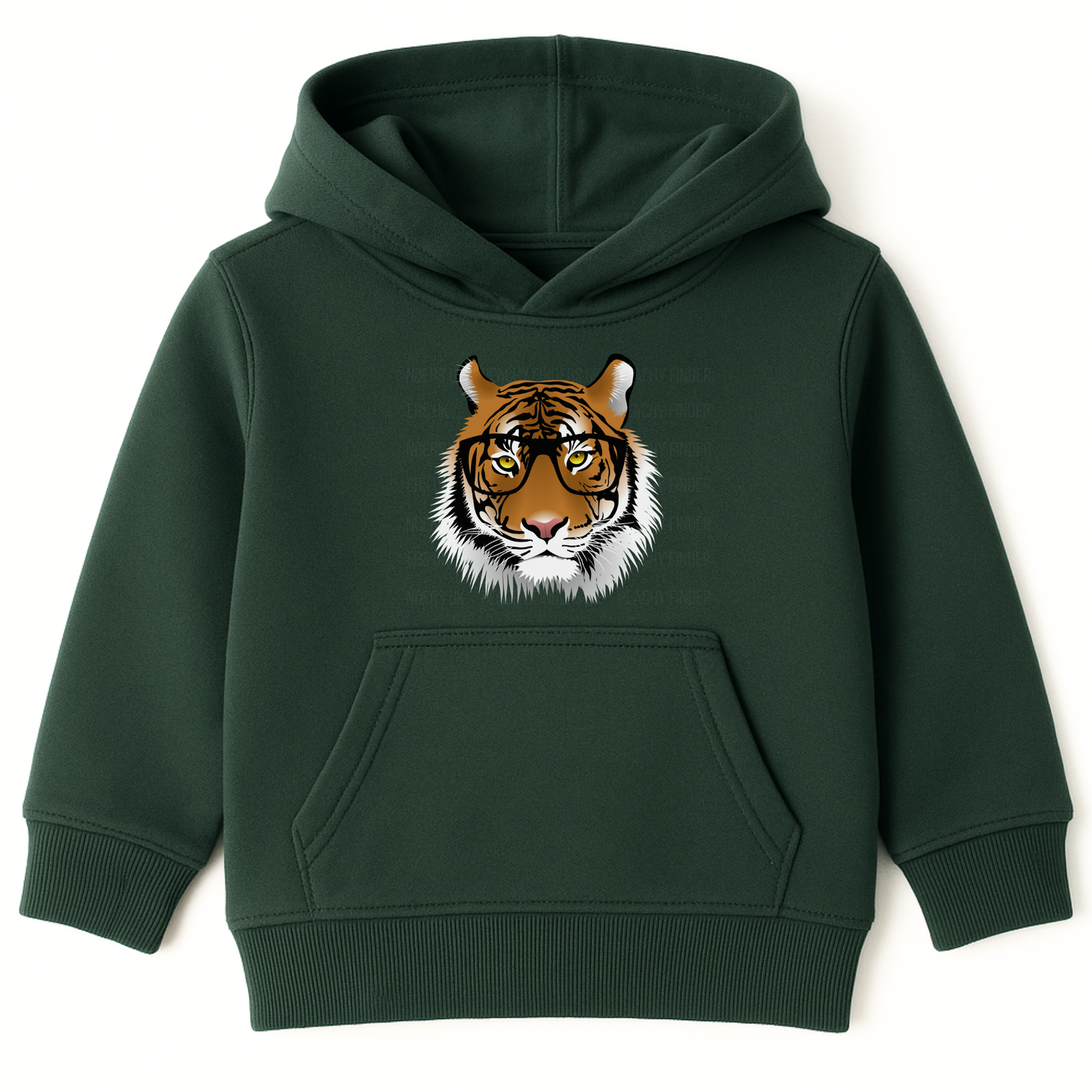 Kids dark green hoodie with intelligent tiger face wearing glasses graphic on the front.