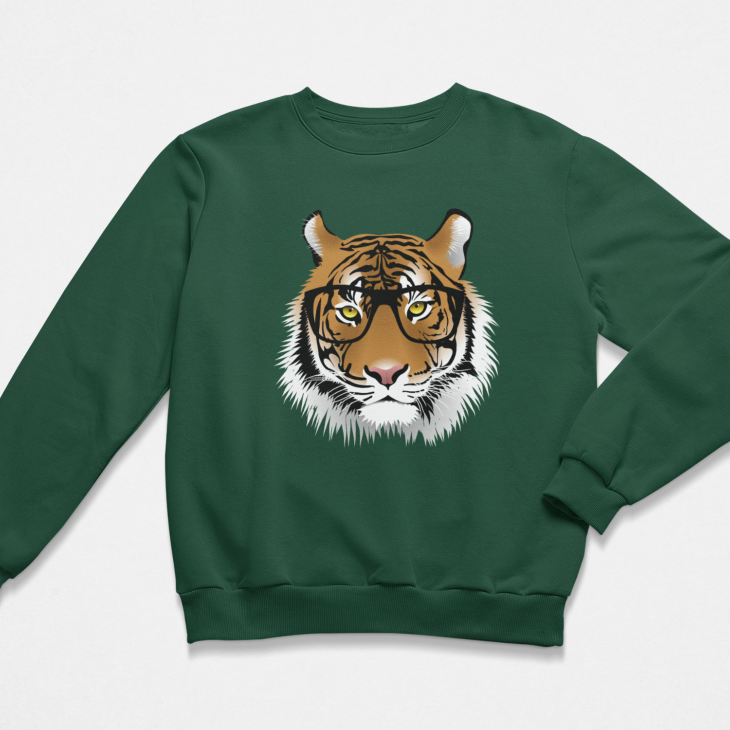 A kids dark green crewneck sweatshirt featuring a graphic print of a tiger's face wearing glasses on the chest, displayed against a light grey background.