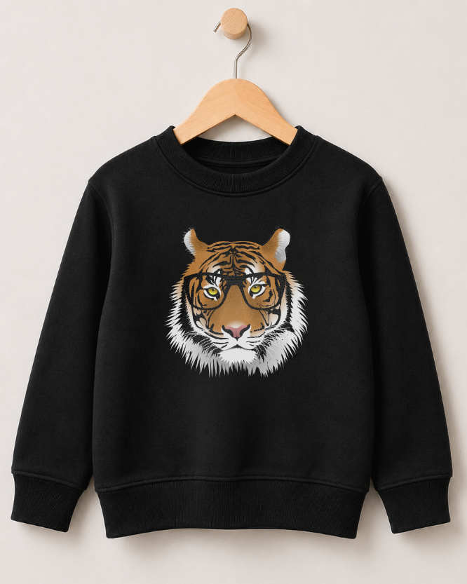 A kids black crewneck sweatshirt hanging on a wooden hanger against a light beige wall. The sweatshirt features a graphic print of a tiger's face wearing round black-rimmed glasses on the front.